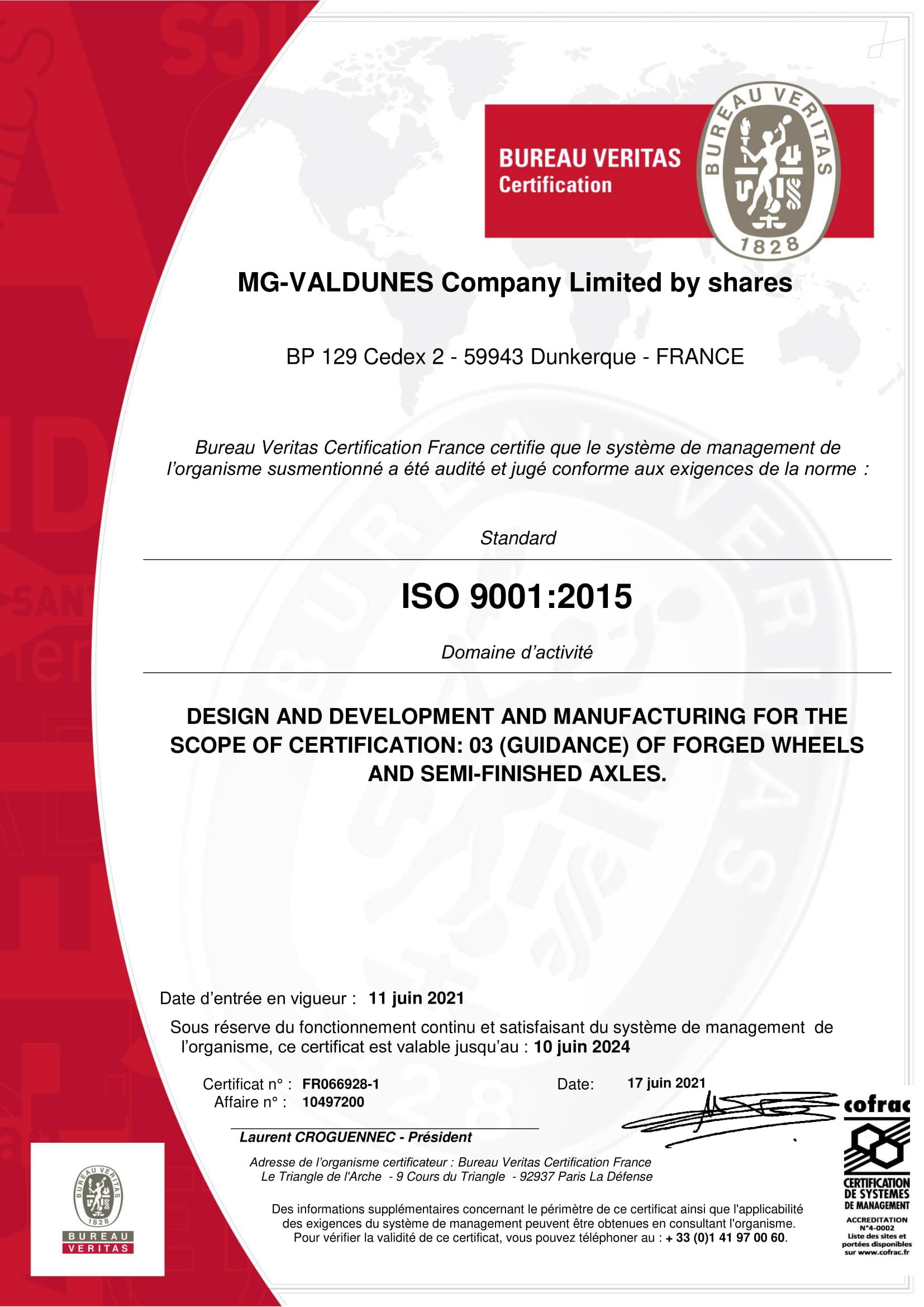 ISO 9001-2015 MG-VALDUNES DUNKERQUE